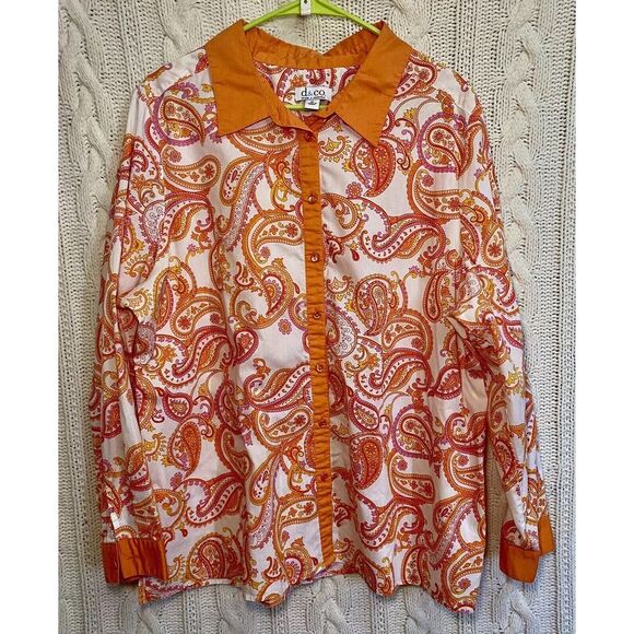 Denim&Co Tops - Denim Co‎ Shirt Womens L Blouse Button 70's Vibe Orange Pink